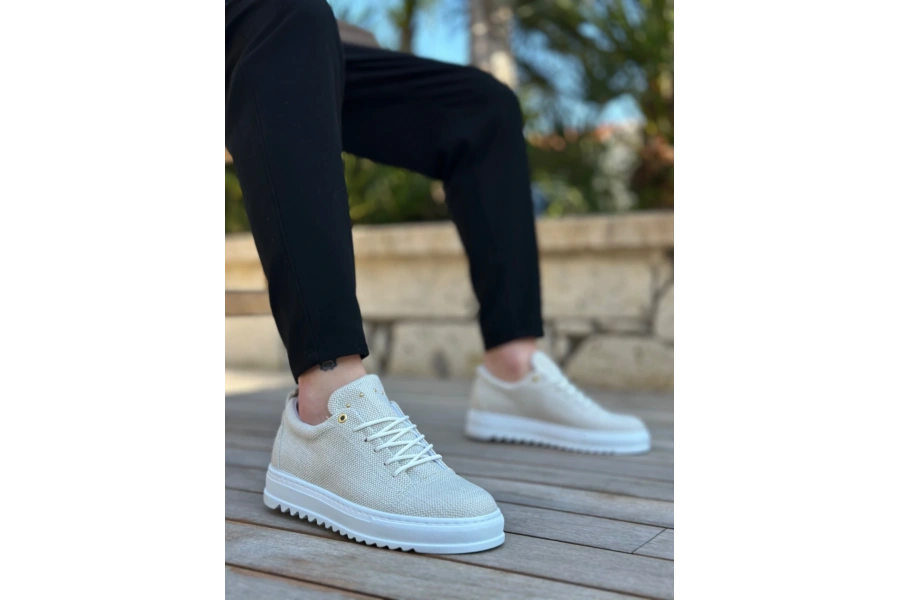 Shoecide Sb0152 Bağcıklı Yüksek Taban Krem Keten Erkek Ayakkabı