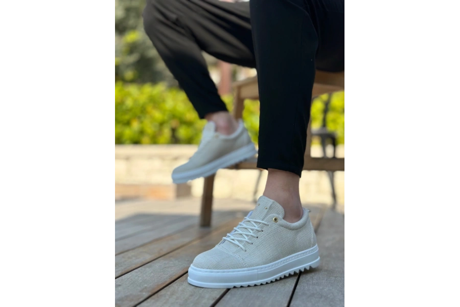 Shoecide Sb0152 Bağcıklı Yüksek Taban Krem Keten Erkek Ayakkabı