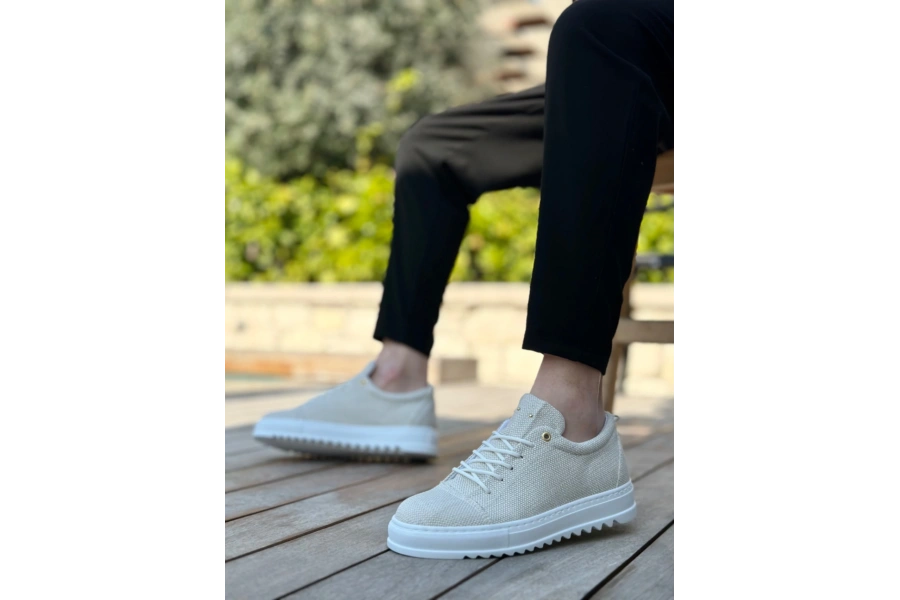 Shoecide Sb0152 Bağcıklı Yüksek Taban Krem Keten Erkek Ayakkabı