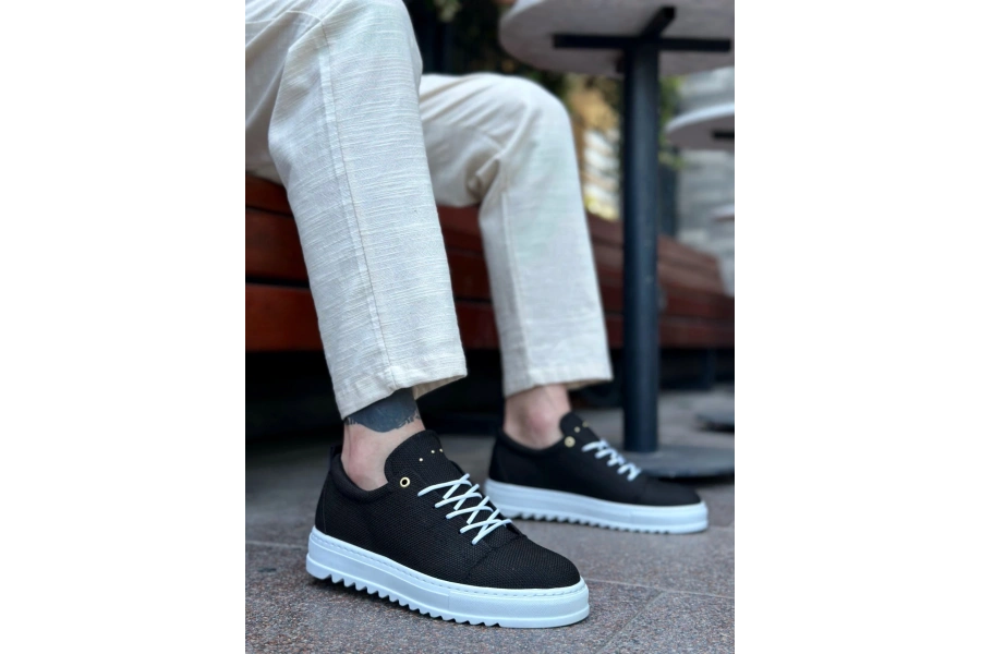 Shoecide Sb0152 Bağcıklı Yüksek Taban Siyah Keten Erkek Ayakkabı