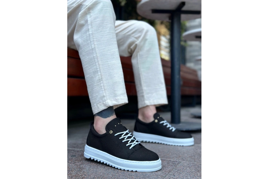 Shoecide Sb0152 Bağcıklı Yüksek Taban Siyah Keten Erkek Ayakkabı