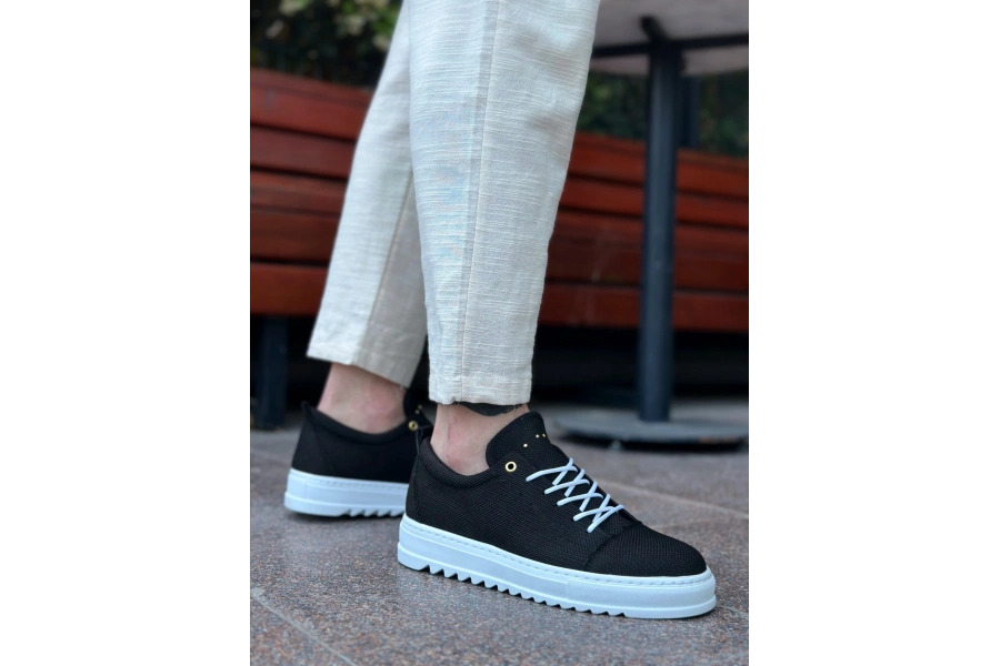 Shoecide Sb0152 Bağcıklı Yüksek Taban Siyah Keten Erkek Ayakkabı