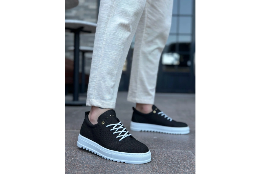 Shoecide Sb0152 Bağcıklı Yüksek Taban Siyah Keten Erkek Ayakkabı