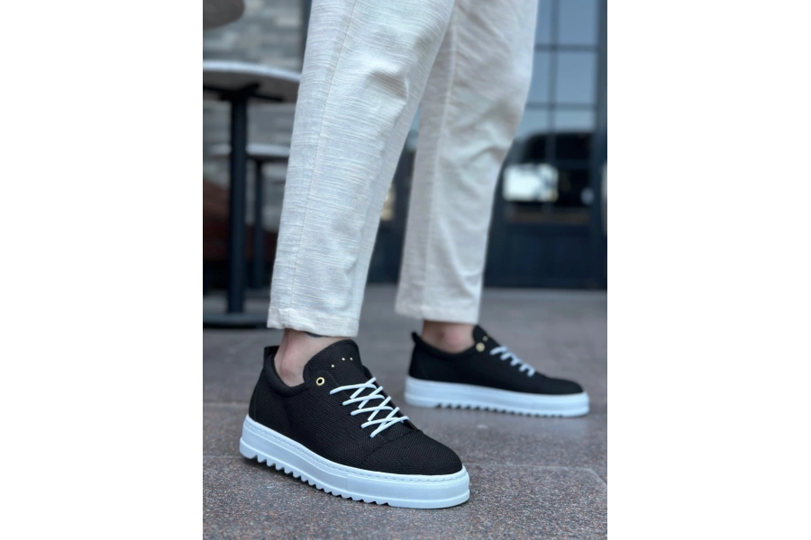 Shoecide Sb0152 Bağcıklı Yüksek Taban Siyah Keten Erkek Ayakkabı