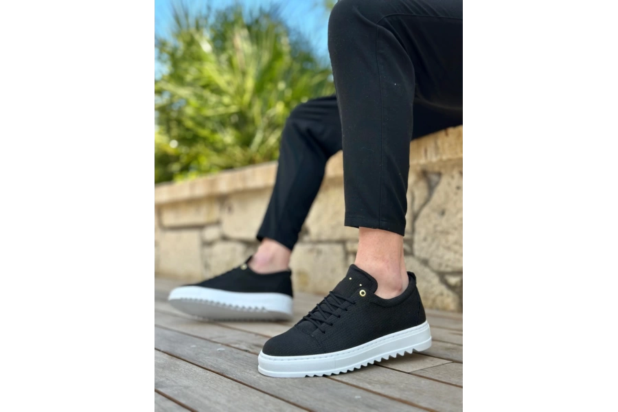 Shoecide Sb0152 Bağcıklı Yüksek Taban Siyah Keten Erkek Ayakkabı