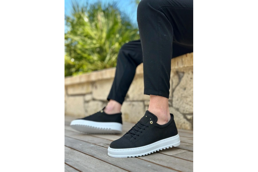 Shoecide Sb0152 Bağcıklı Yüksek Taban Siyah Keten Erkek Ayakkabı