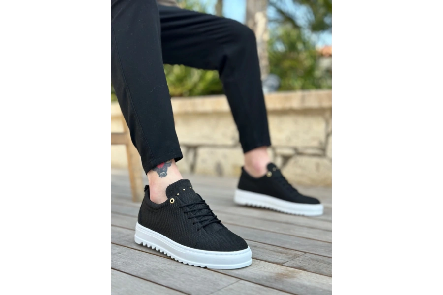 Shoecide Sb0152 Bağcıklı Yüksek Taban Siyah Keten Erkek Ayakkabı