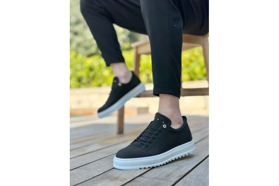 Shoecide Sb0152 Bağcıklı Yüksek Taban Siyah Keten Erkek Ayakkabı