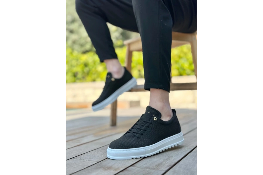 Shoecide Sb0152 Bağcıklı Yüksek Taban Siyah Keten Erkek Ayakkabı