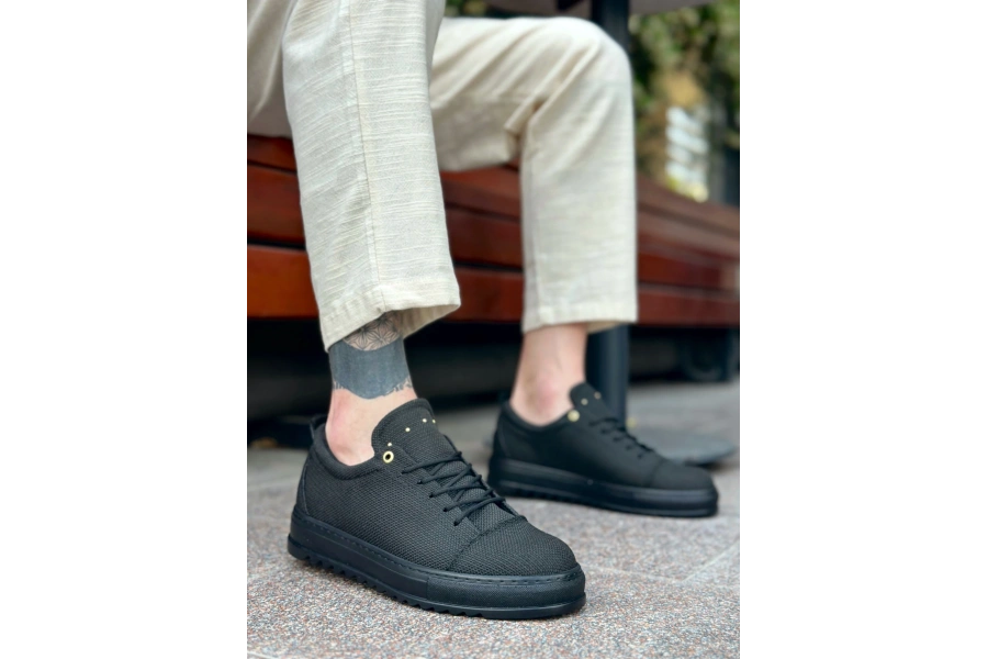 Shoecide Sb0152 Bağcıklı Yüksek Taban Siyah Keten Siyah Taban Erkek Ayakkabı