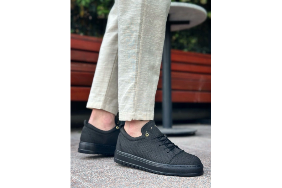 Shoecide Sb0152 Bağcıklı Yüksek Taban Siyah Keten Siyah Taban Erkek Ayakkabı