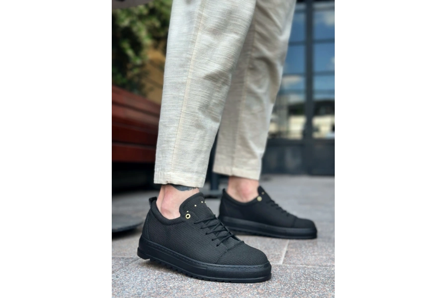 Shoecide Sb0152 Bağcıklı Yüksek Taban Siyah Keten Siyah Taban Erkek Ayakkabı