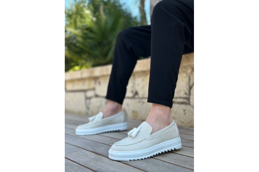 Shoecide Sb0154 Bağcıksız Yüksek Taban Beyaz Keten Püsküllü Erkek Ayakkabı