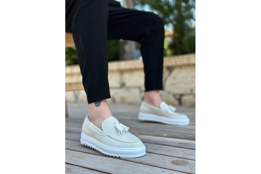 Shoecide Sb0154 Bağcıksız Yüksek Taban Beyaz Keten Püsküllü Erkek Ayakkabı