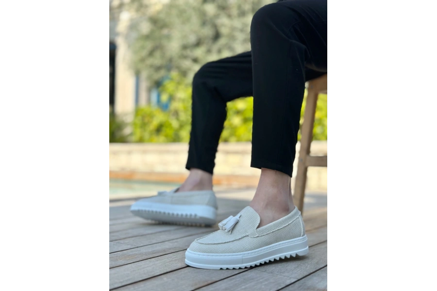 Shoecide Sb0154 Bağcıksız Yüksek Taban Beyaz Keten Püsküllü Erkek Ayakkabı