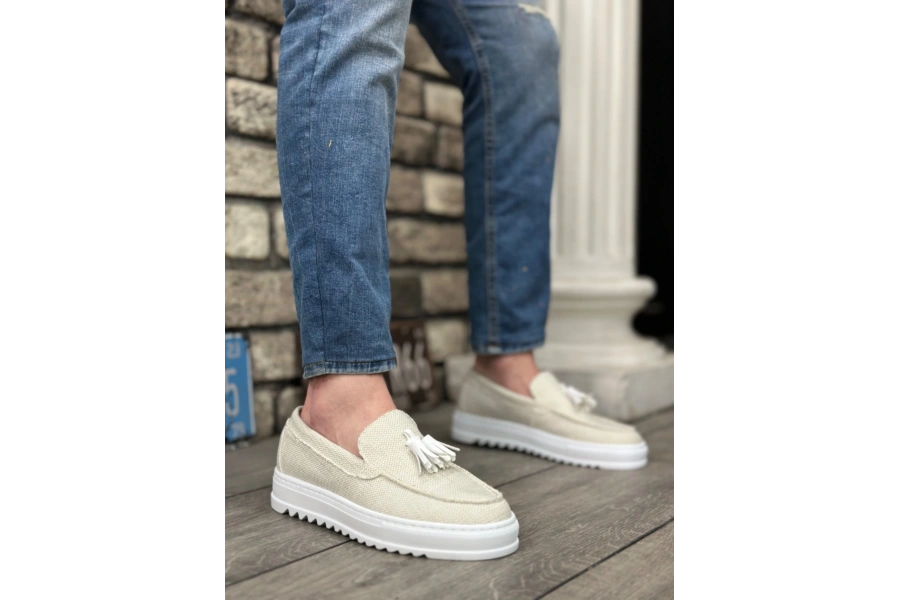 Shoecide Sb0154 Bağcıksız Yüksek Taban Beyaz Keten Püsküllü Erkek Ayakkabı