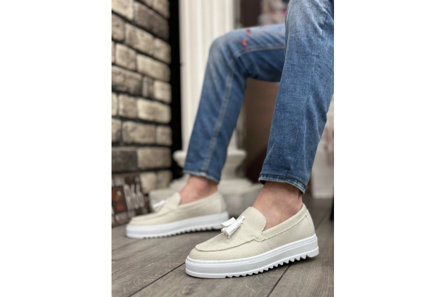 Shoecide Sb0154 Bağcıksız Yüksek Taban Beyaz Keten Püsküllü Erkek Ayakkabı