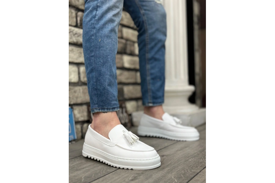 Shoecide Sb0154  Bağcıksız Yüksek Taban Cilt Beyaz Renk Püsküllü Erkek Ayakkabı