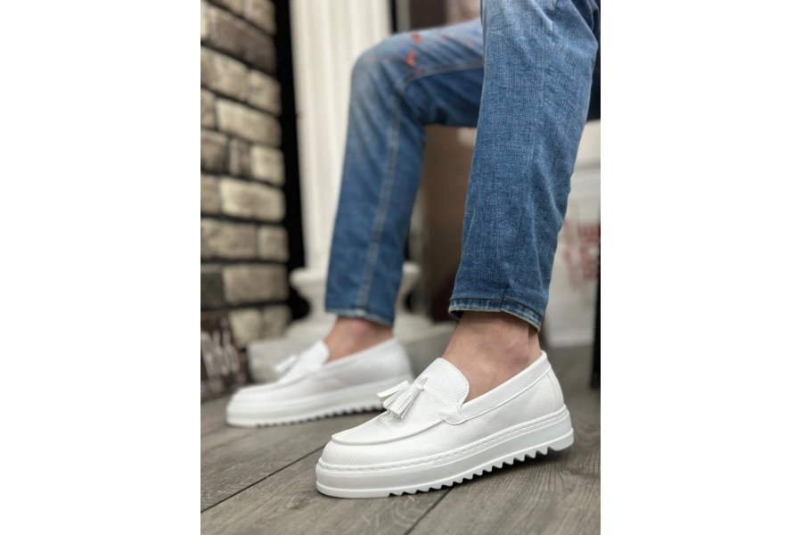 Shoecide Sb0154  Bağcıksız Yüksek Taban Cilt Beyaz Renk Püsküllü Erkek Ayakkabı