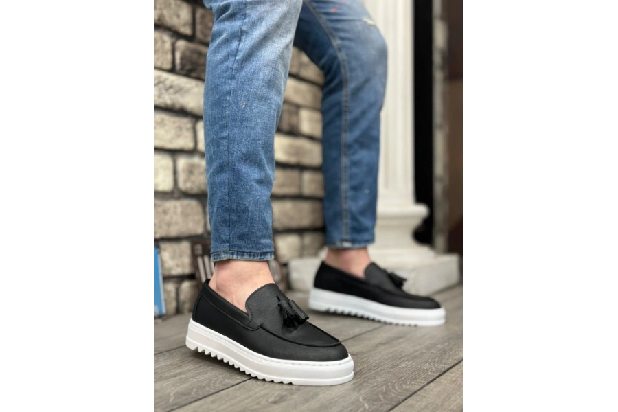 Shoecide Sb0154  Bağcıksız Yüksek Taban Cilt Siyah Renk Beyaz Taban Püsküllü Erkek Ayakkabı