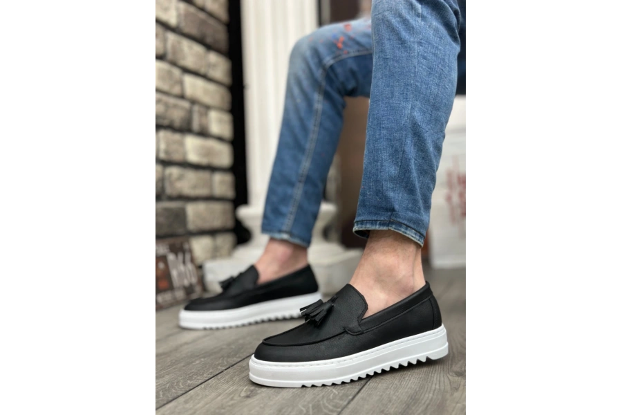 Shoecide Sb0154  Bağcıksız Yüksek Taban Cilt Siyah Renk Beyaz Taban Püsküllü Erkek Ayakkabı