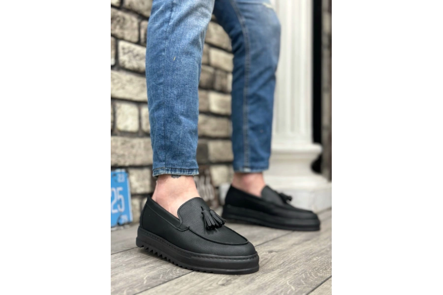 Shoecide Sb0154  Bağcıksız Yüksek Taban Cilt Siyah Renk Püsküllü Erkek Ayakkabı