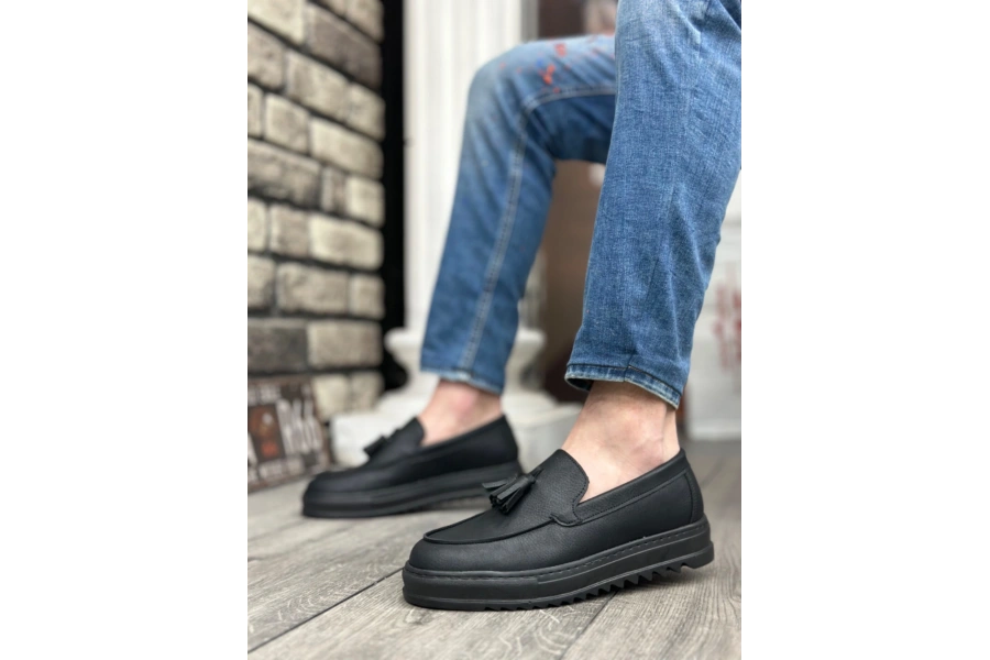 Shoecide Sb0154  Bağcıksız Yüksek Taban Cilt Siyah Renk Püsküllü Erkek Ayakkabı