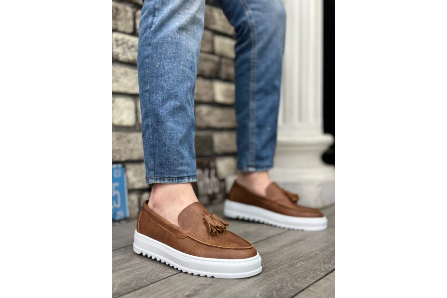 Shoecide Sb0154 Bağcıksız Yüksek Taban Cilt Taba Püsküllü Erkek Ayakkabı