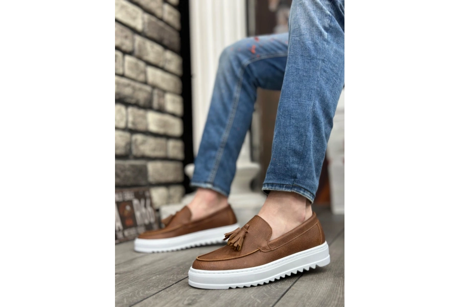 Shoecide Sb0154 Bağcıksız Yüksek Taban Cilt Taba Püsküllü Erkek Ayakkabı