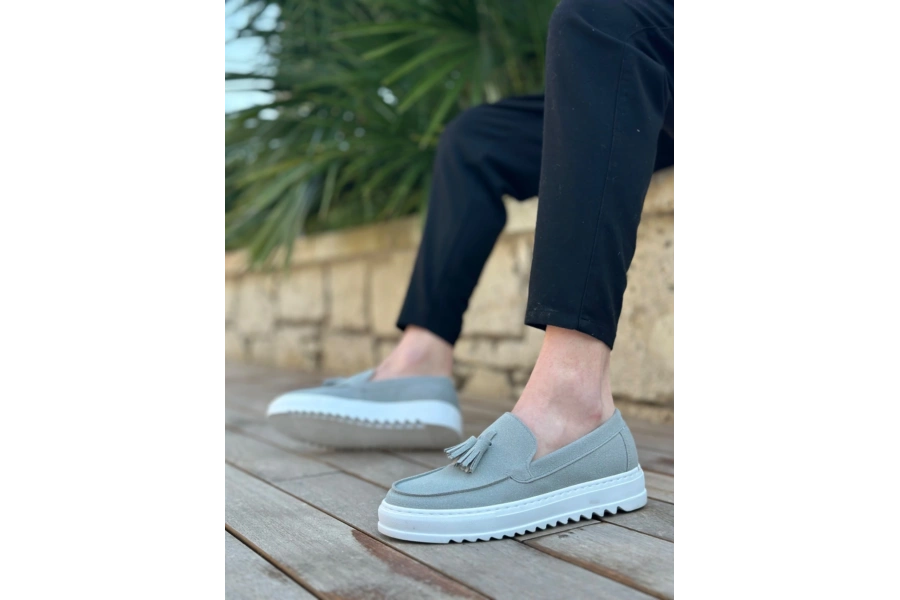 Shoecide Sb0154 Bağcıksız Yüksek Taban Gri Süet Püsküllü Erkek Ayakkabı