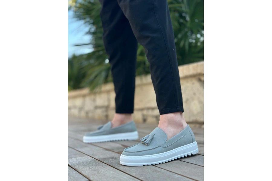 Shoecide Sb0154 Bağcıksız Yüksek Taban Gri Süet Püsküllü Erkek Ayakkabı