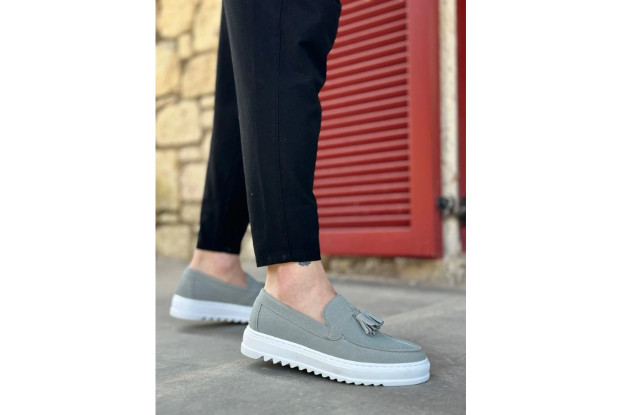 Shoecide Sb0154 Bağcıksız Yüksek Taban Gri Süet Püsküllü Erkek Ayakkabı