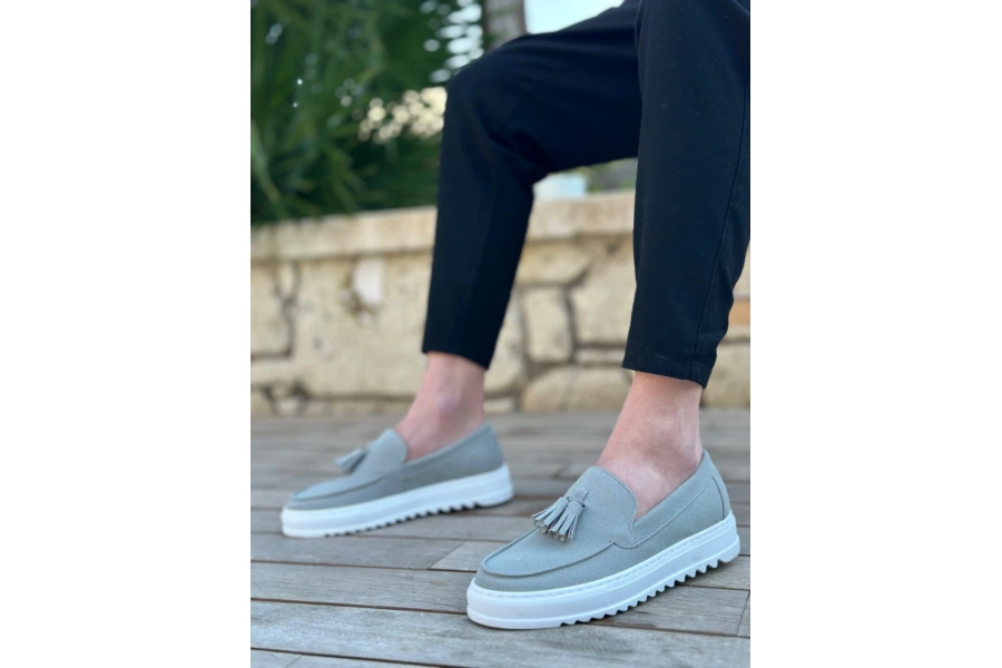 Shoecide Sb0154 Bağcıksız Yüksek Taban Gri Süet Püsküllü Erkek Ayakkabı