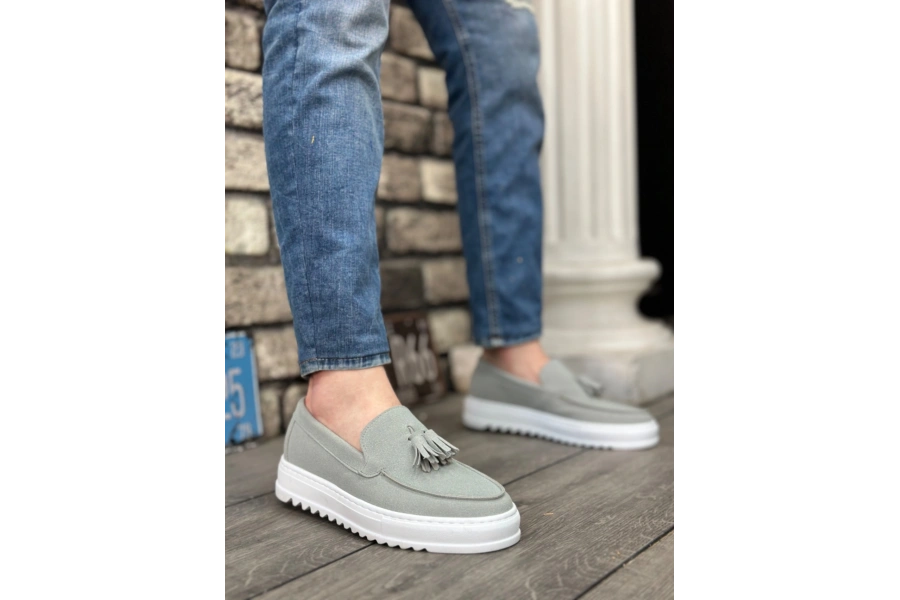 Shoecide Sb0154 Bağcıksız Yüksek Taban Gri Süet Püsküllü Erkek Ayakkabı