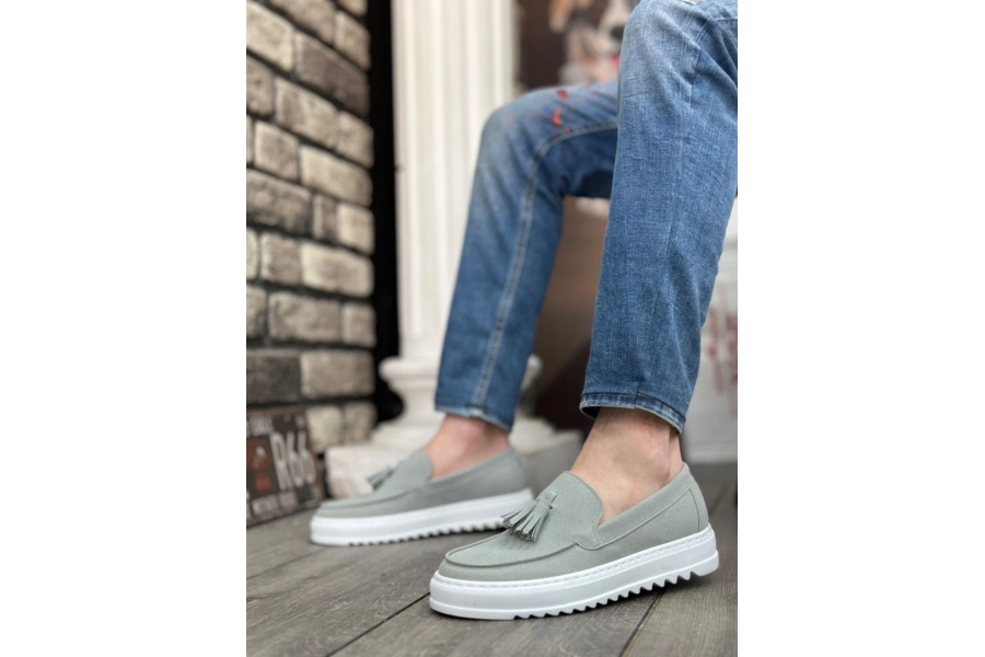 Shoecide Sb0154 Bağcıksız Yüksek Taban Gri Süet Püsküllü Erkek Ayakkabı