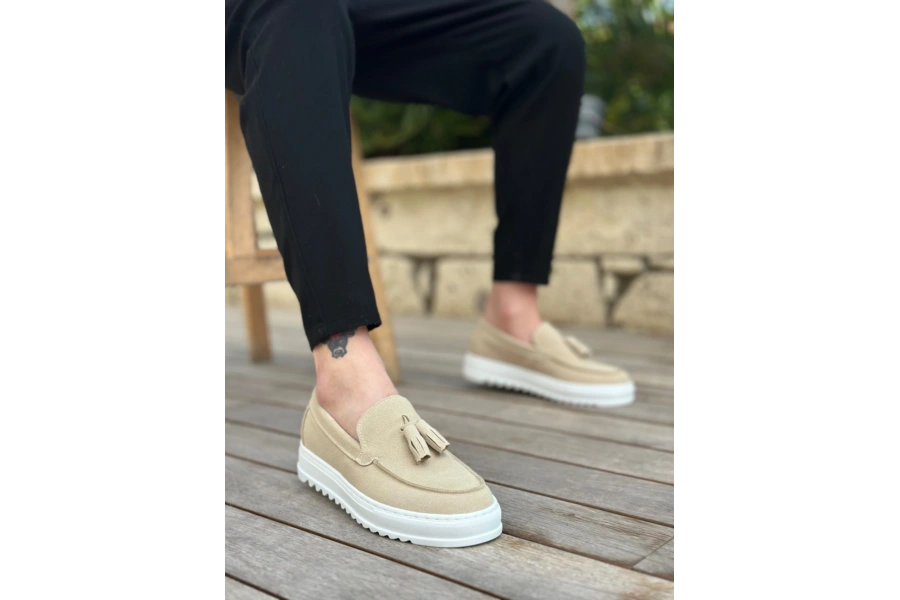 Shoecide Sb0154  Bağcıksız Yüksek Taban Keten Krem Renk Püsküllü Erkek Ayakkabı