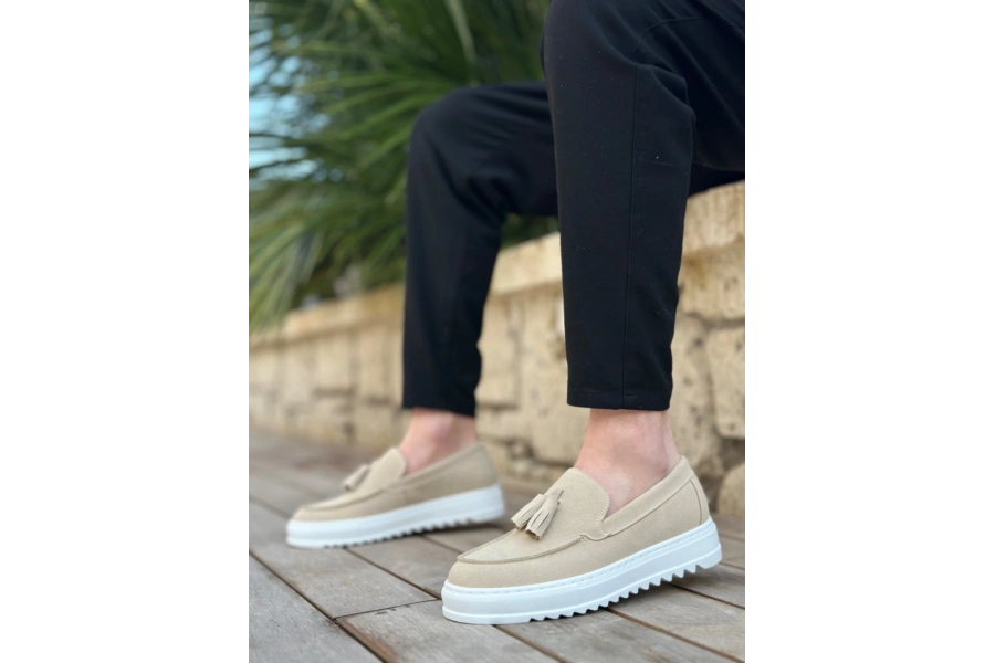 Shoecide Sb0154  Bağcıksız Yüksek Taban Keten Krem Renk Püsküllü Erkek Ayakkabı