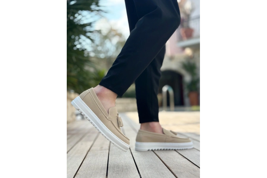 Shoecide Sb0154  Bağcıksız Yüksek Taban Keten Krem Renk Püsküllü Erkek Ayakkabı