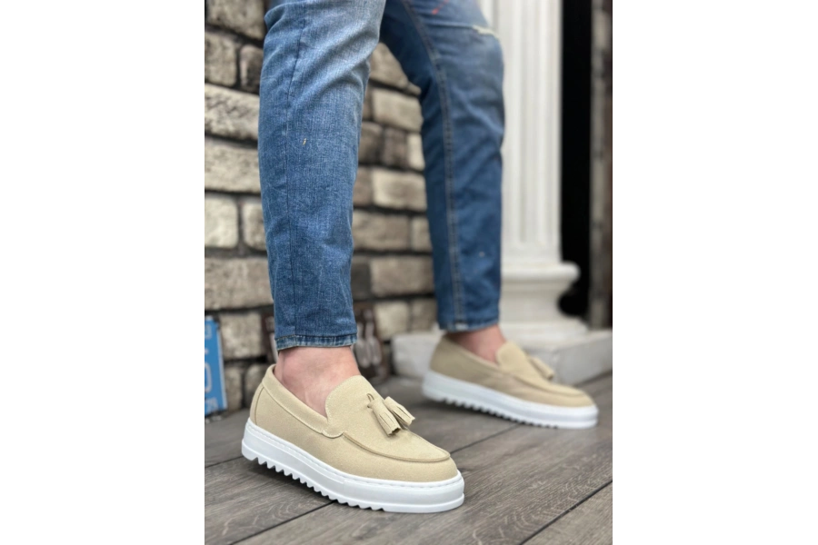 Shoecide Sb0154  Bağcıksız Yüksek Taban Keten Krem Renk Püsküllü Erkek Ayakkabı