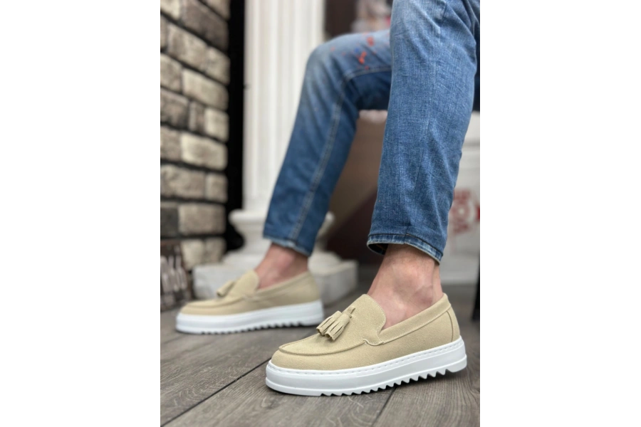 Shoecide Sb0154  Bağcıksız Yüksek Taban Keten Krem Renk Püsküllü Erkek Ayakkabı