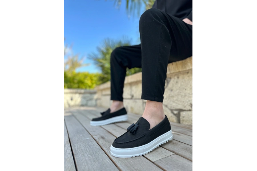 Shoecide Sb0154  Bağcıksız Yüksek Taban Keten Siyah Renk Püsküllü Erkek Ayakkabı