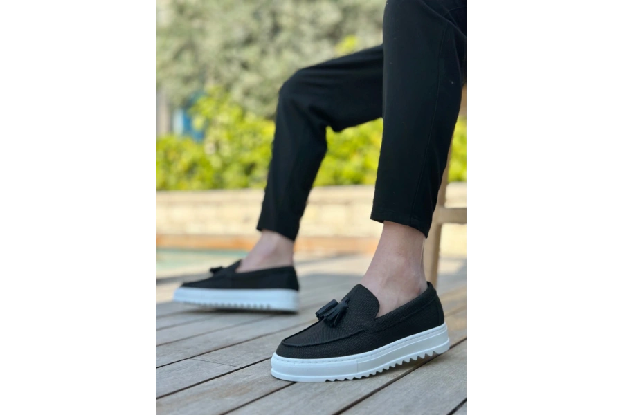 Shoecide Sb0154  Bağcıksız Yüksek Taban Keten Siyah Renk Püsküllü Erkek Ayakkabı