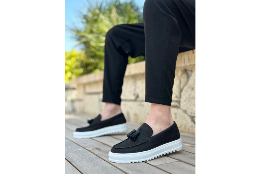 Shoecide Sb0154  Bağcıksız Yüksek Taban Keten Siyah Renk Püsküllü Erkek Ayakkabı