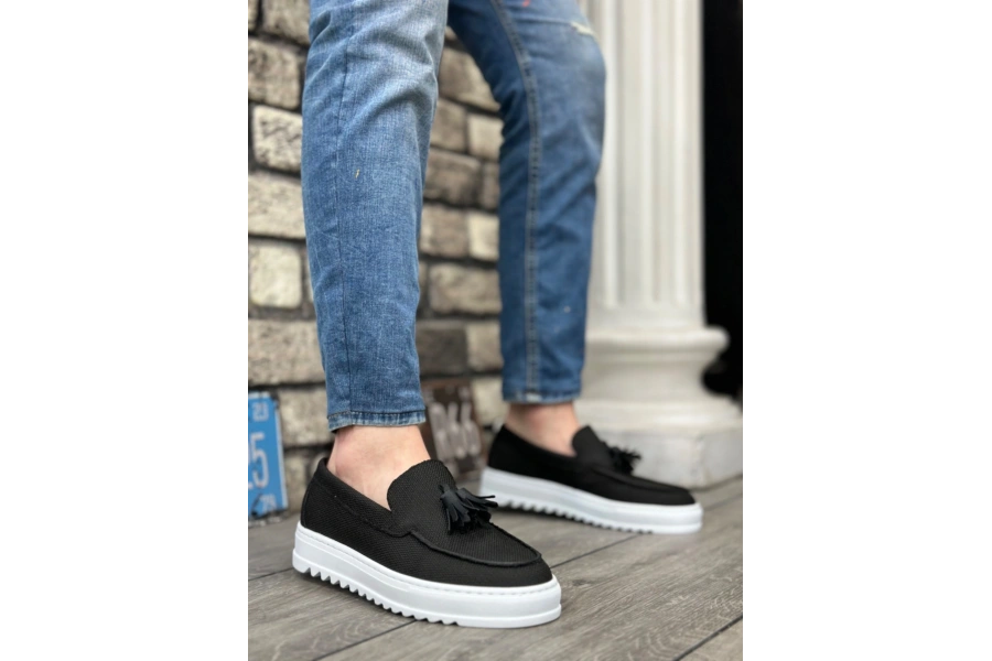 Shoecide Sb0154  Bağcıksız Yüksek Taban Keten Siyah Renk Püsküllü Erkek Ayakkabı