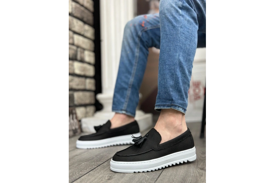 Shoecide Sb0154  Bağcıksız Yüksek Taban Keten Siyah Renk Püsküllü Erkek Ayakkabı