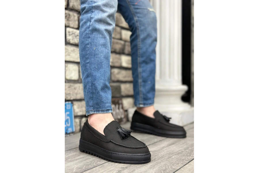 Shoecide Sb0154 Bağcıksız Yüksek Taban Siyah Keten Siyah Taban Püsküllü Erkek Ayakkabı