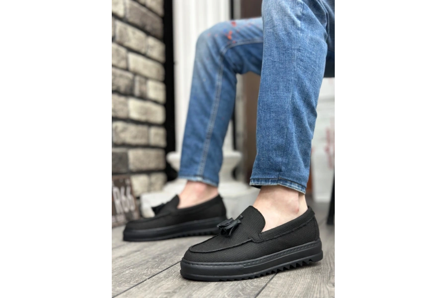 Shoecide Sb0154 Bağcıksız Yüksek Taban Siyah Keten Siyah Taban Püsküllü Erkek Ayakkabı