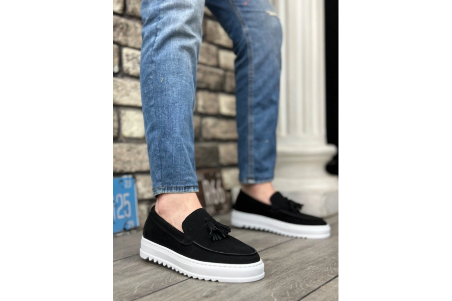 Shoecide Sb0154 Bağcıksız Yüksek Taban Süet Siyah Renk Beyaz Taban Püsküllü Erkek Ayakkabı