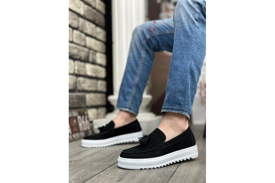Shoecide Sb0154 Bağcıksız Yüksek Taban Süet Siyah Renk Beyaz Taban Püsküllü Erkek Ayakkabı