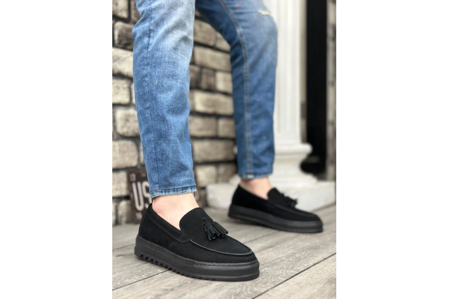 Shoecide Sb0154 Bağcıksız Yüksek Taban Süet Siyah Renk Siyah Taban Püsküllü Erkek Ayakkabı